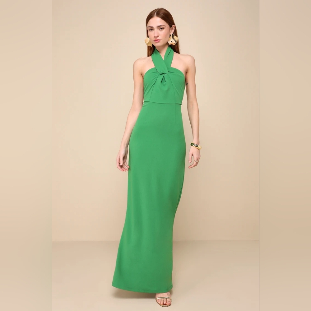 Lulu's Mesmerizing Perfection Green Halter Neck Backless Maxi Dress M Party